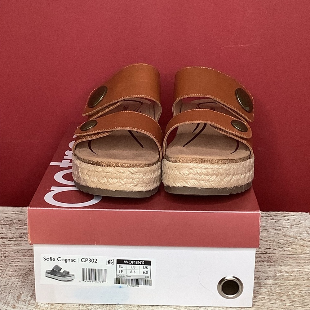 AETREX Sofie Cognac Leather Platform Sandals Jute Trim Arch Support Memo… - Picture 5 of 16